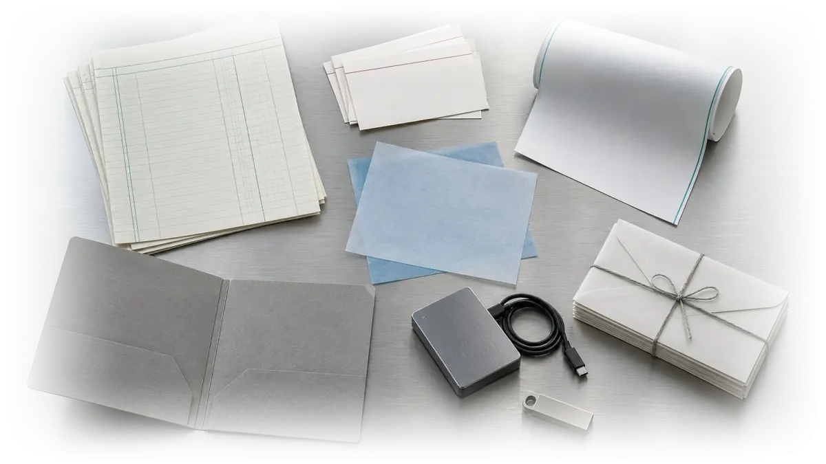 Blank ledger sheets, index cards, carbon copies, a roll of fax paper, a folder, a drive and a bundle of envelopes lie in separate piles on a metal desk.