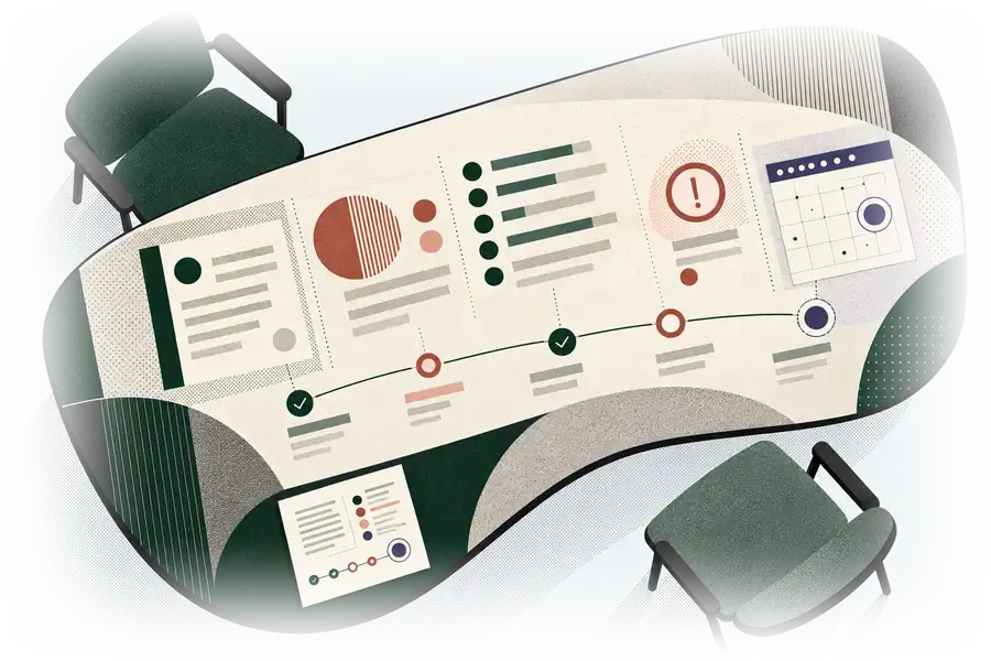 Seen from above, a meeting table between two green chairs, with a brief laid out across it: notes, a chart, a list, a warning mark and a calendar above a timeline of ticked and open steps, and a printed summary at its edge.