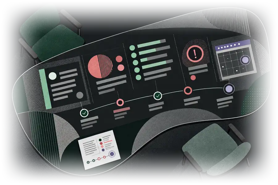 Seen from above, a meeting table between two green chairs, with a brief laid out across it: notes, a chart, a list, a warning mark and a calendar above a timeline of ticked and open steps, and a printed summary at its edge.